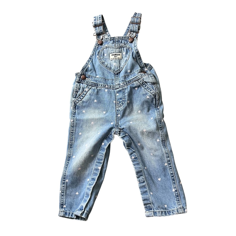 OshKosh Bgosh Baby Girls 18M Heart Print Denim Overalls Blue Light Wash Bibs